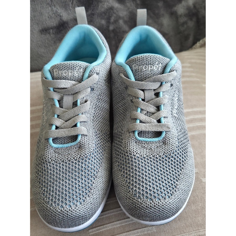 Propet Flyknit Womens Grey Aqua Blue Walking Sneakers WCS012M Size 8‎ M(B) EUC